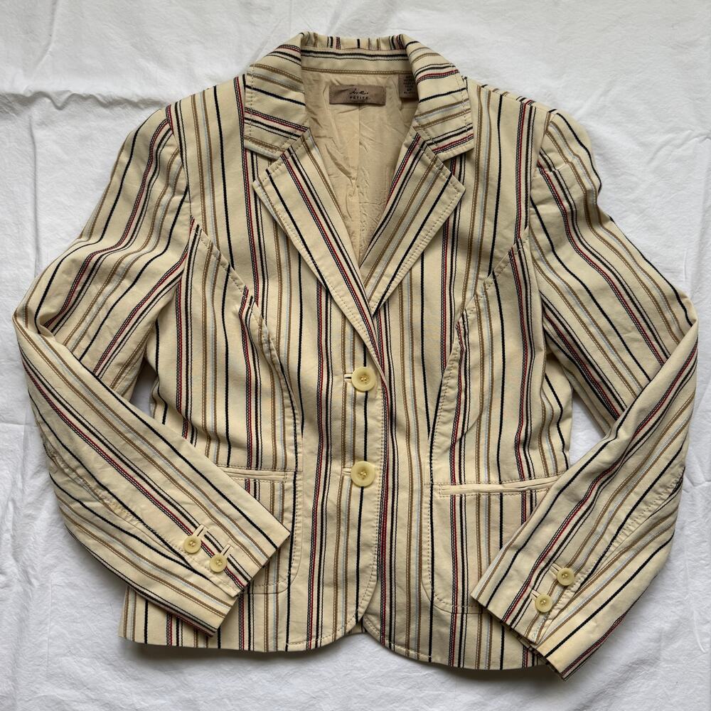 I.E. Petite Blazer Cream Multi Stripe Cotton 6P Preppy Classic Business Casual